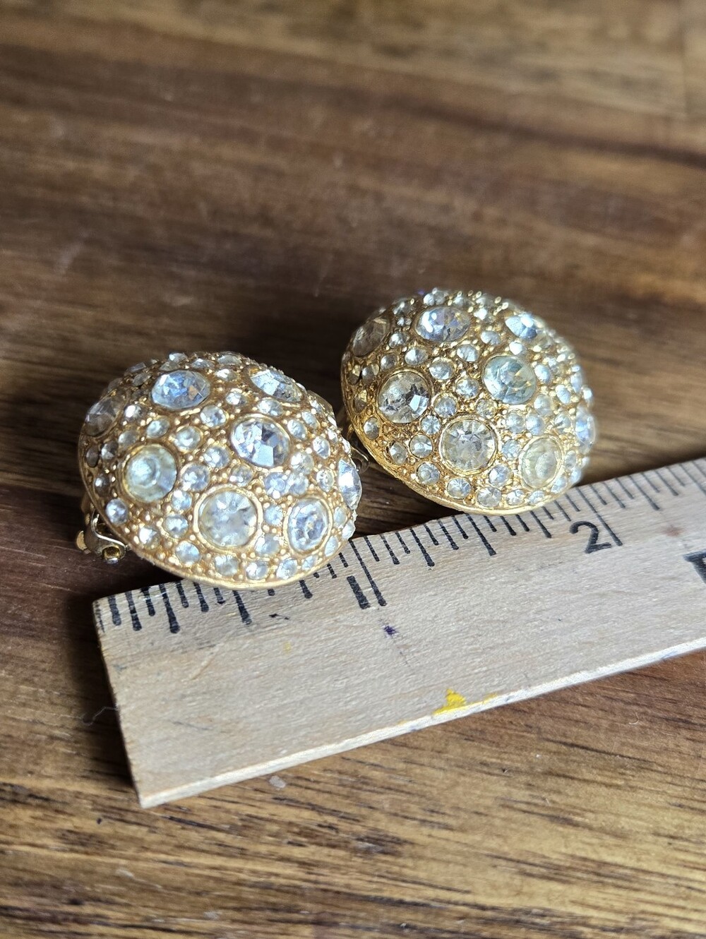 Vintage Gold-Tone Rhinestone Dome Clip-On Earrings 1" Round - Picture 4 of 4
